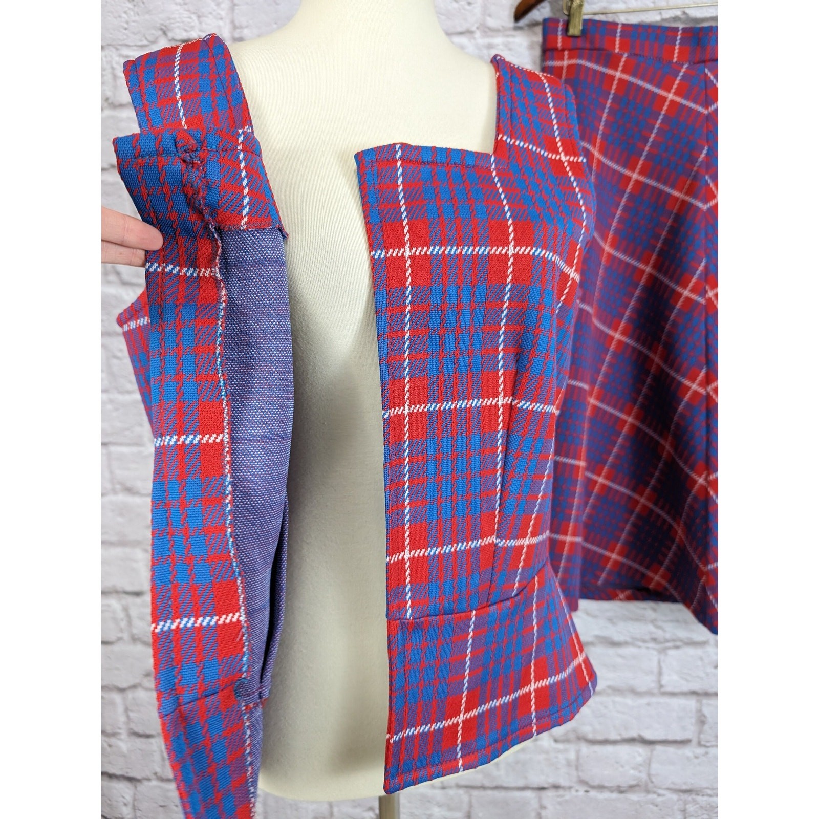 Vintage Mod 2 Piece Plaid Dress Red Blue Plaid Skirt and Vest Shirt Medium Large