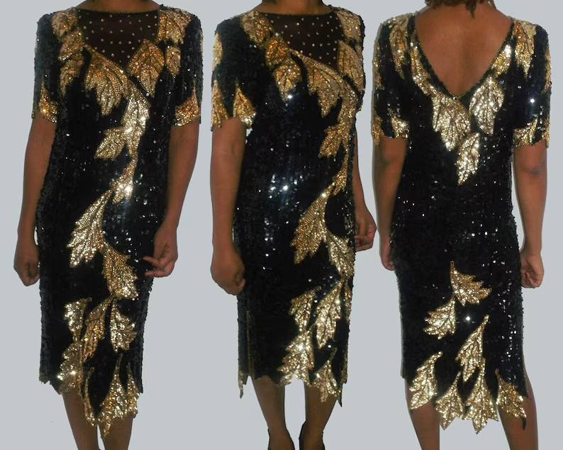 VTG Sho-Max Glam Black Gold Sequins Beads See Thru Design Leaf Embellished Small