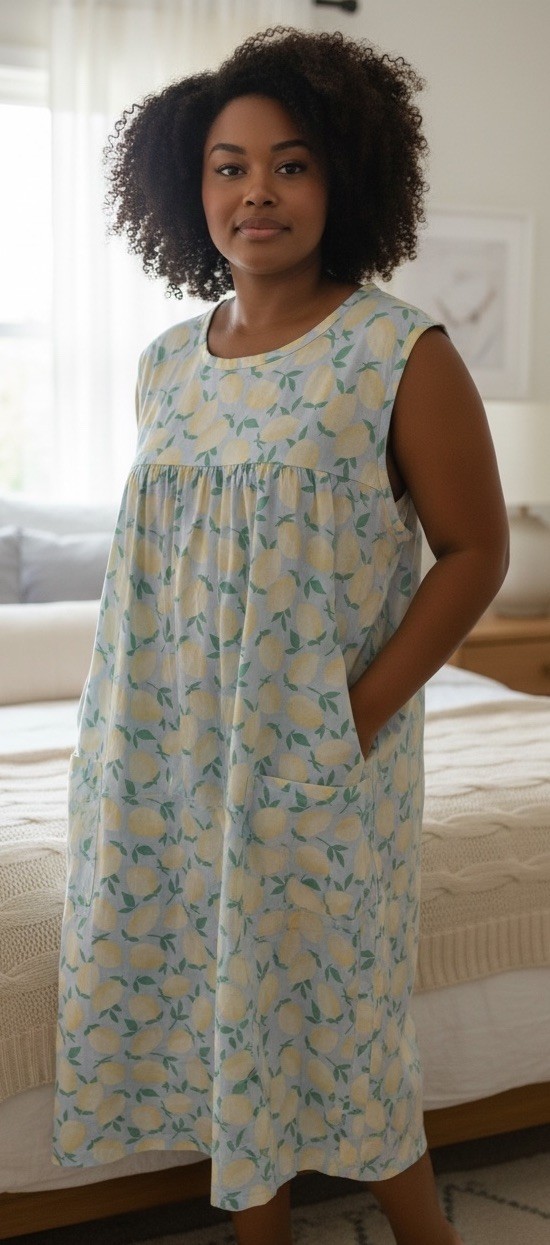 Vintage NATIONAL House Dress Robe Duster Large Blue Yellow Lemon Print EC