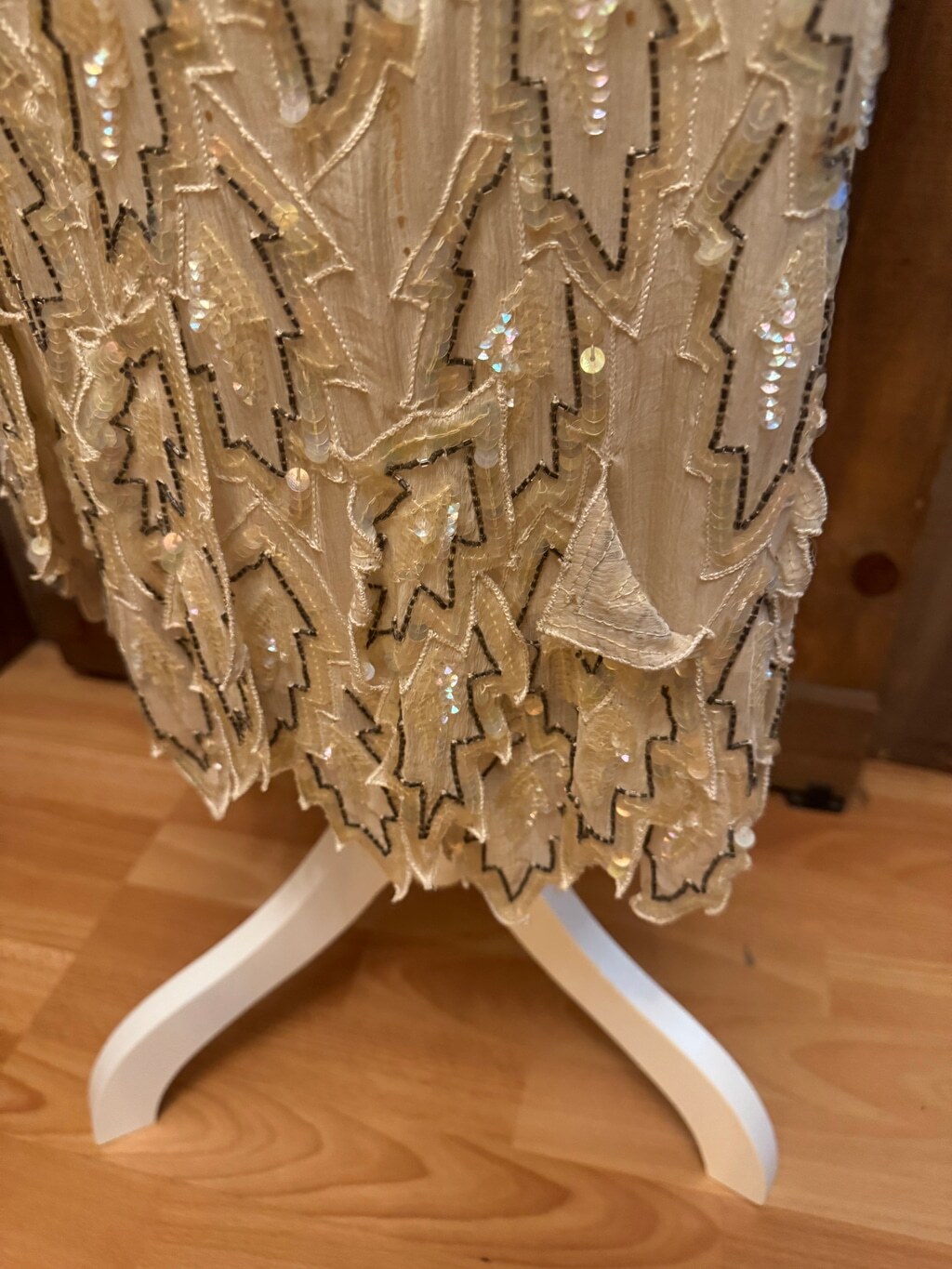 Vintage Champagne Gold Sequin Beaded Midi Dress Long Sleeve Tassel Belt Gala