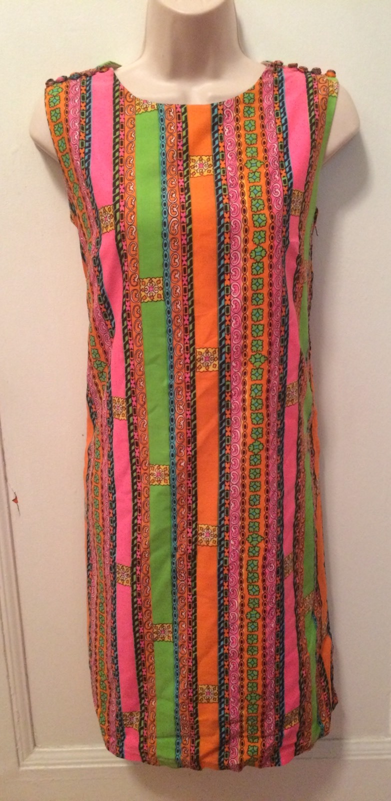 1960s Tiki Mod Striped Fluorescent Psychedelic Groovy Go Go Orange Pink Green S