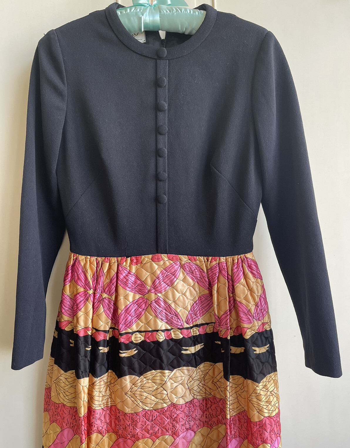 Vtg MCM 1960s EVE LE COQ Maxi Dress S/M Boho Hip Chic Black Pink MAD MEN ERA