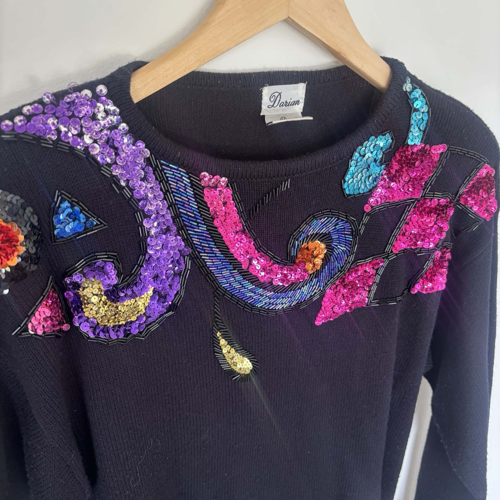 VTG 80’s Darian Sweater Dress Sz Med Black Rhinestone Sequin Embellishment