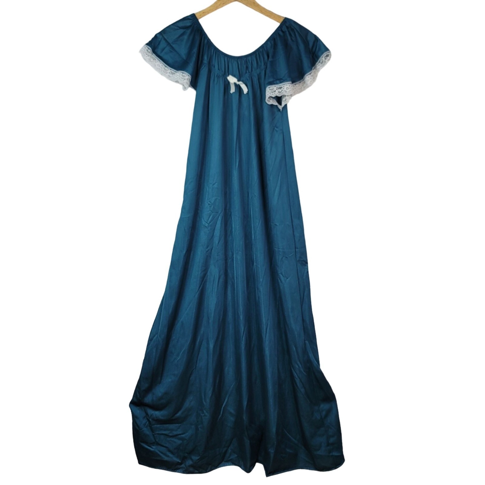 Dream Wear NIghtgown Blue Green Medium Lace Trim Nylon Flutter Lingerie USA VTG