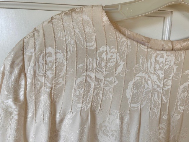 Jack Mulqueen Vtg 80’s Evening Dress Sz 8 Ivory Floral Jaquard Silk Drop Waist
