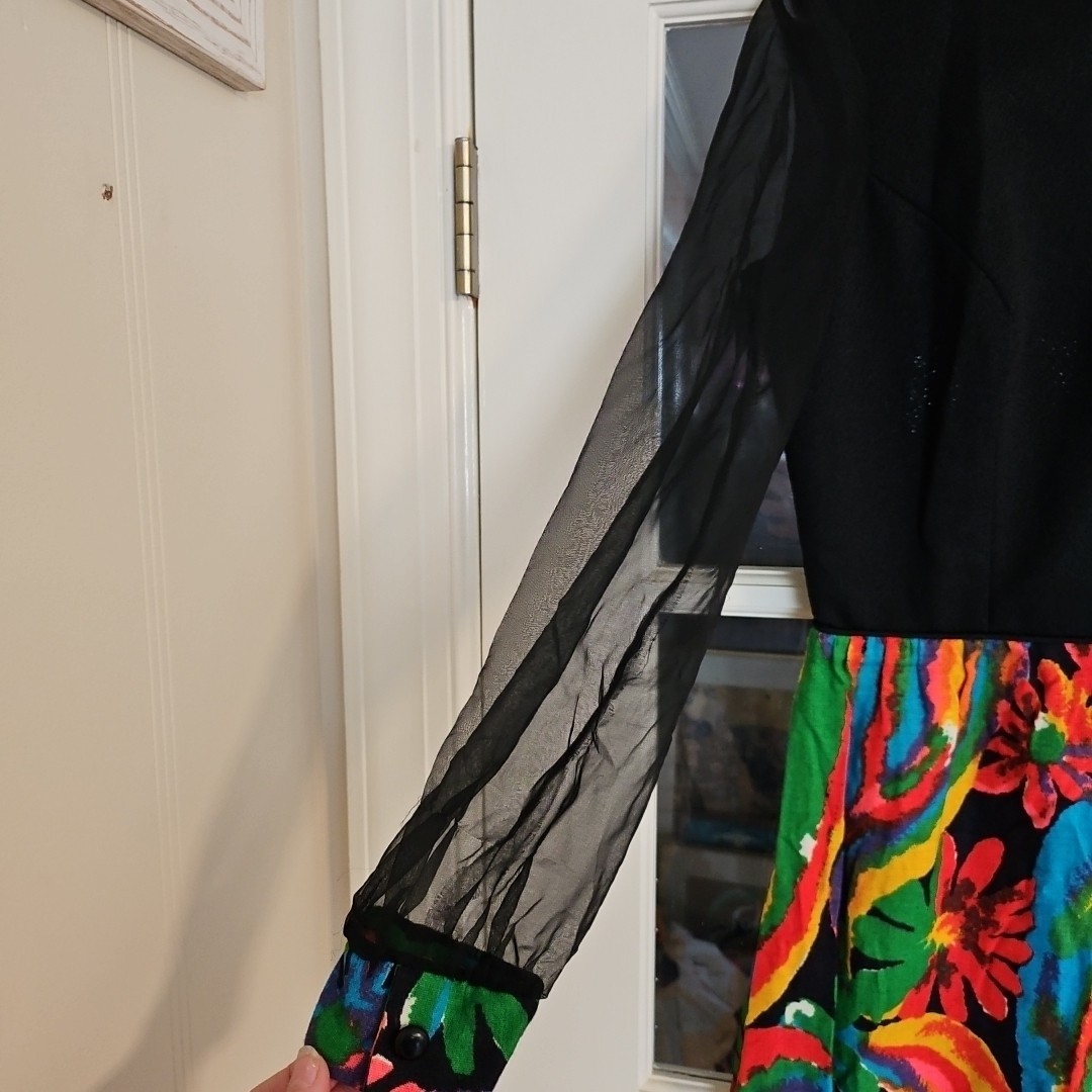 Vtg 60s Hawaiian Puritan Forever Young Psychedelic Maxi Dress w Sheer Sleeve M/L