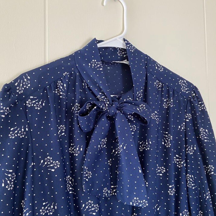 Vintage 1970s Earth Angel Navy Pussybow Midi Dress