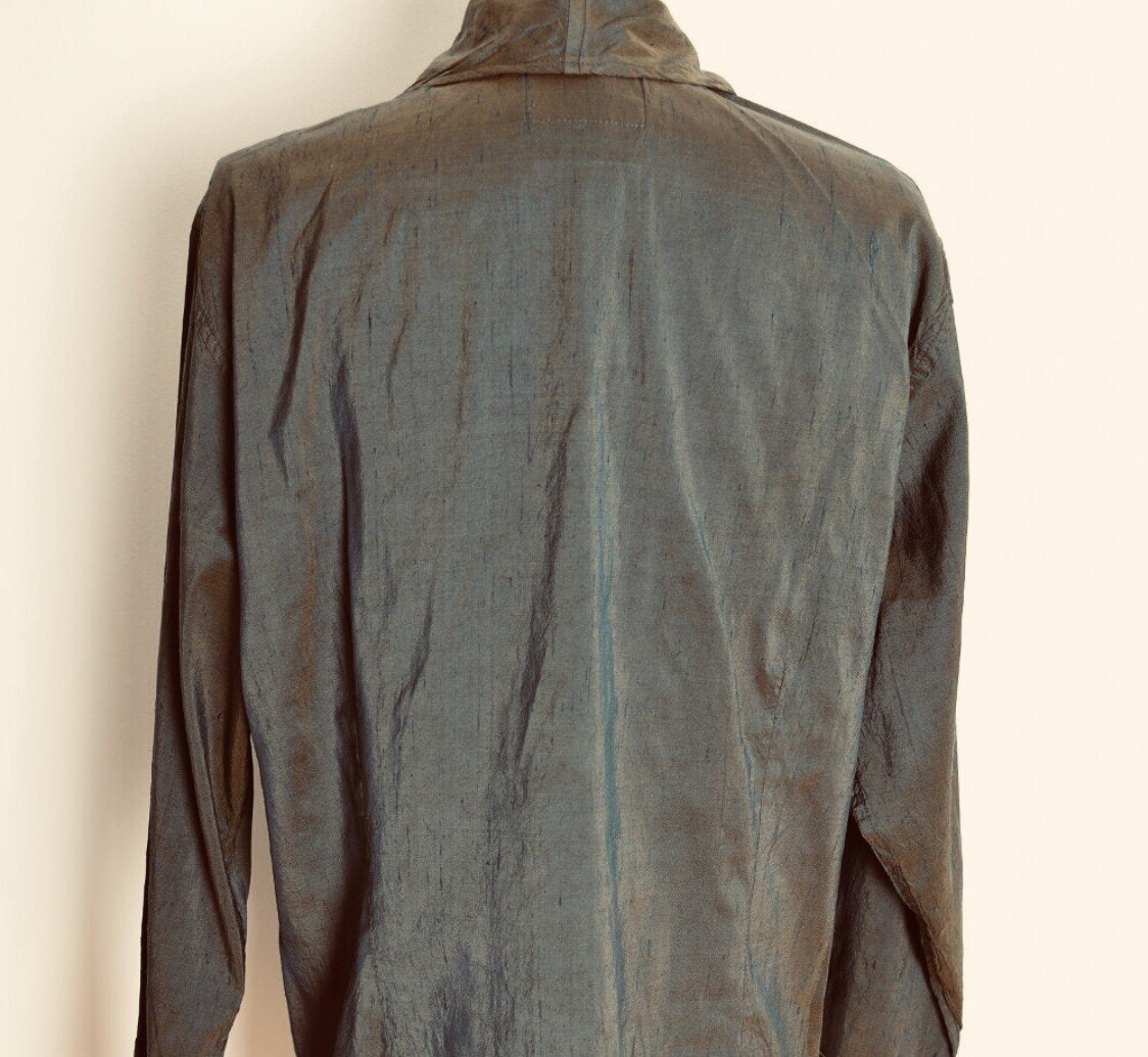 vintage 90s jacket FLAX by Jeanne Engelhart olive silk iridescent lagenlook top