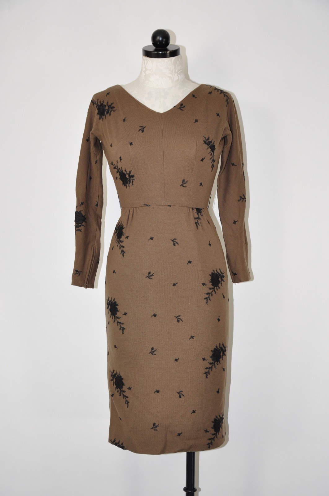 60s Vintage Brown Wool Rose Floral Embroidery Midi Sheath Wiggle Dress Women XS