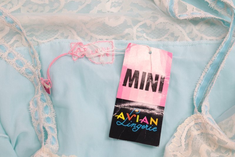 Vintage NWT Avian Nightie S Nightgown Double Nylon Blue Chiffon Lace Trim Flawed