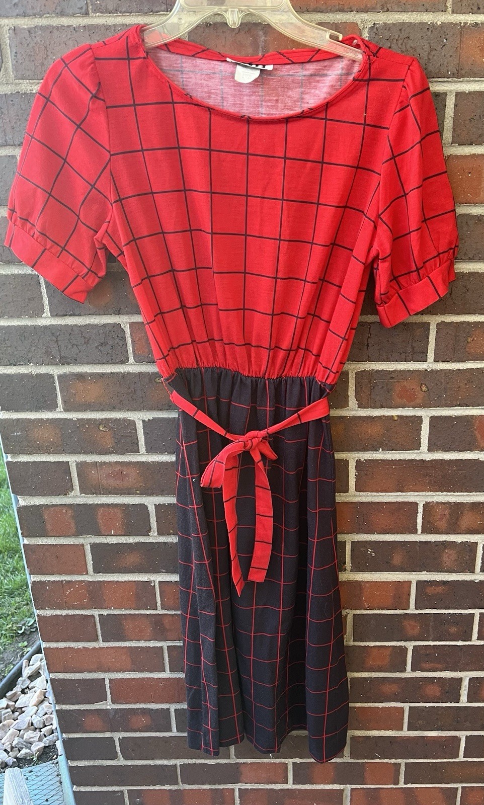 Vintage 80s New York Red and Black Checker Dress with Belt Cap Sleeves