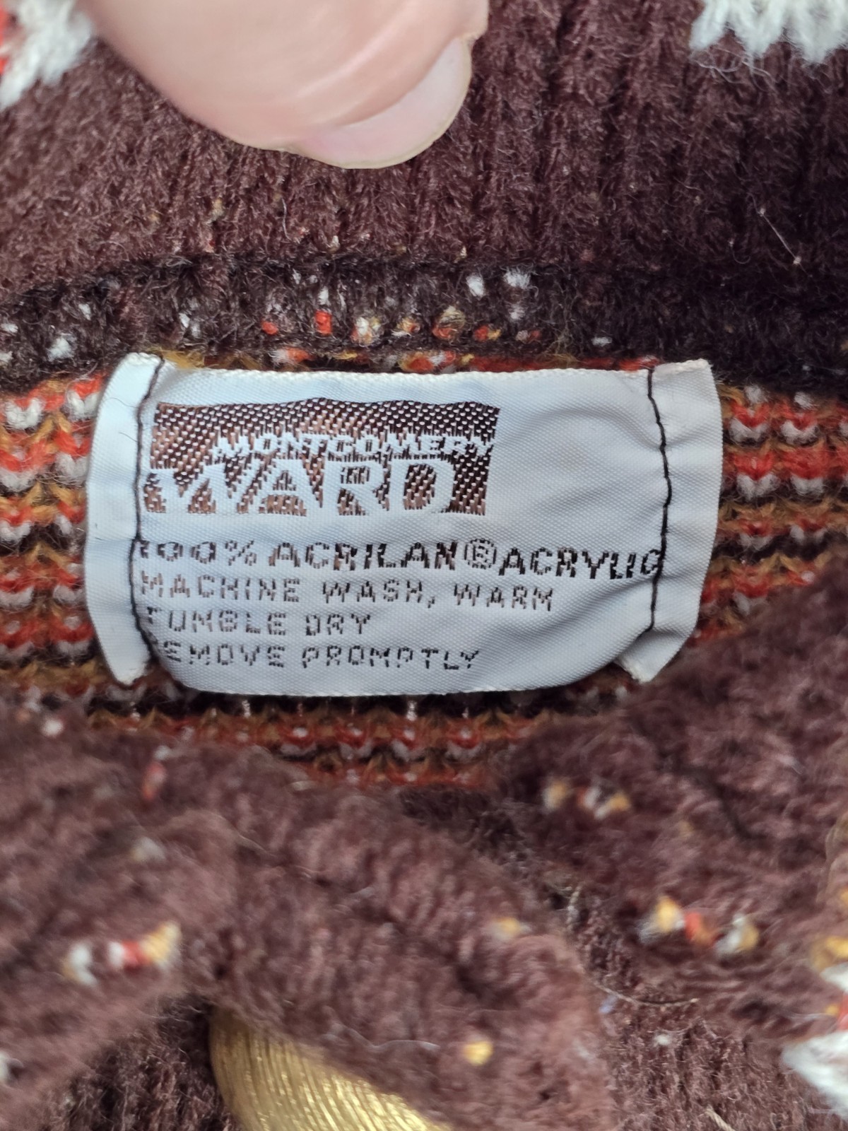 Montgomery Ward Vintage Knit Cape Brown Orange White Yellow Geometric Acrylic