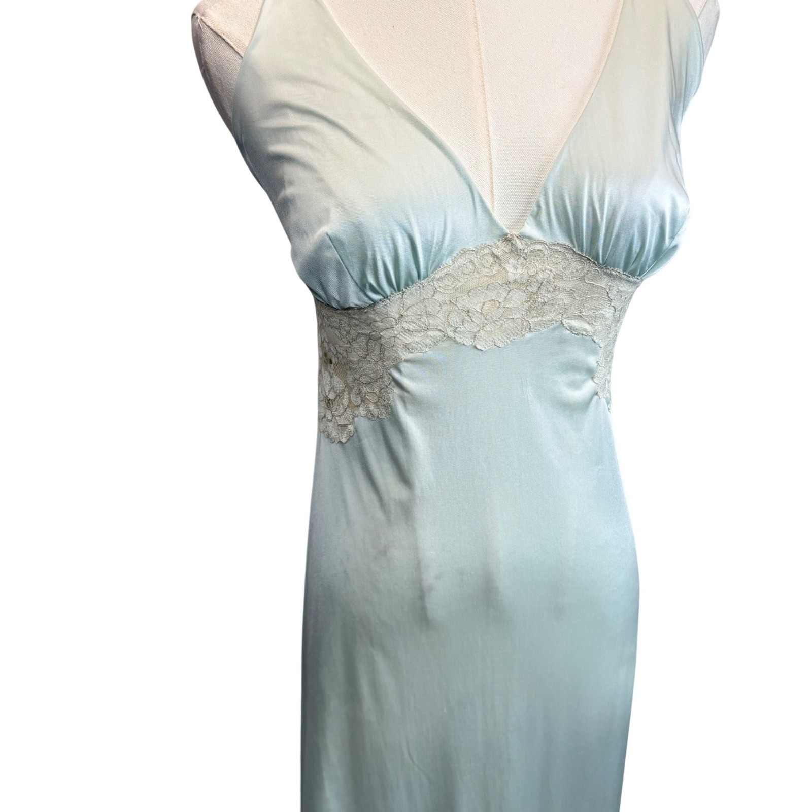 VTG Vanity Fair Maxi Nightgown 38 Aqua Blue Lace Coquette Hollywood Glam M – L