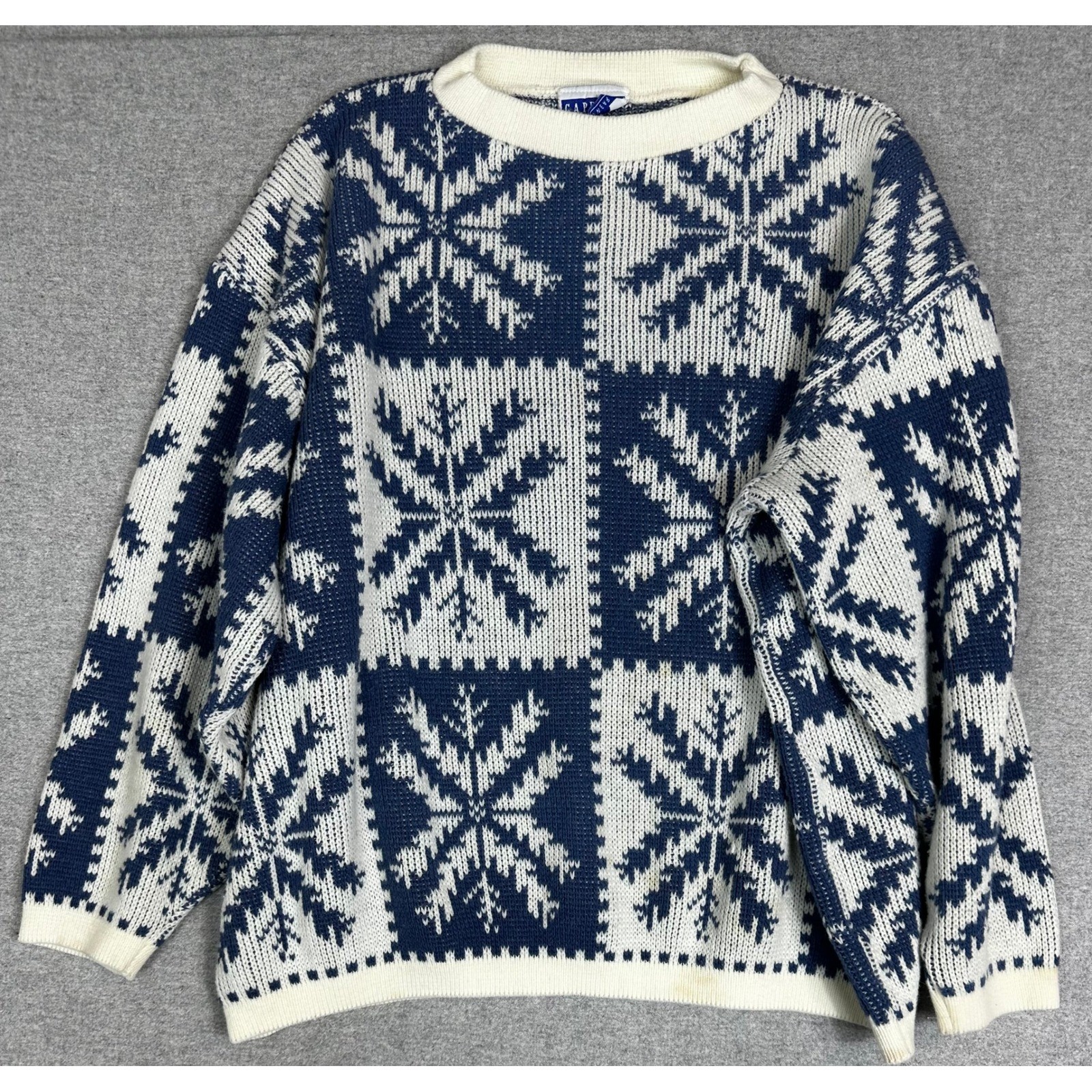 Vintage 80s Cape Cod Sweater Womens XXL Blue White Snowflake Block Knit