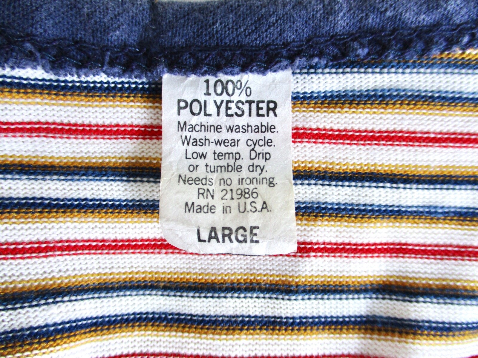Vtg 70s Red Blue White Stripe Stretchy Knit V-Neck Fit Flare Day Dress Casual L