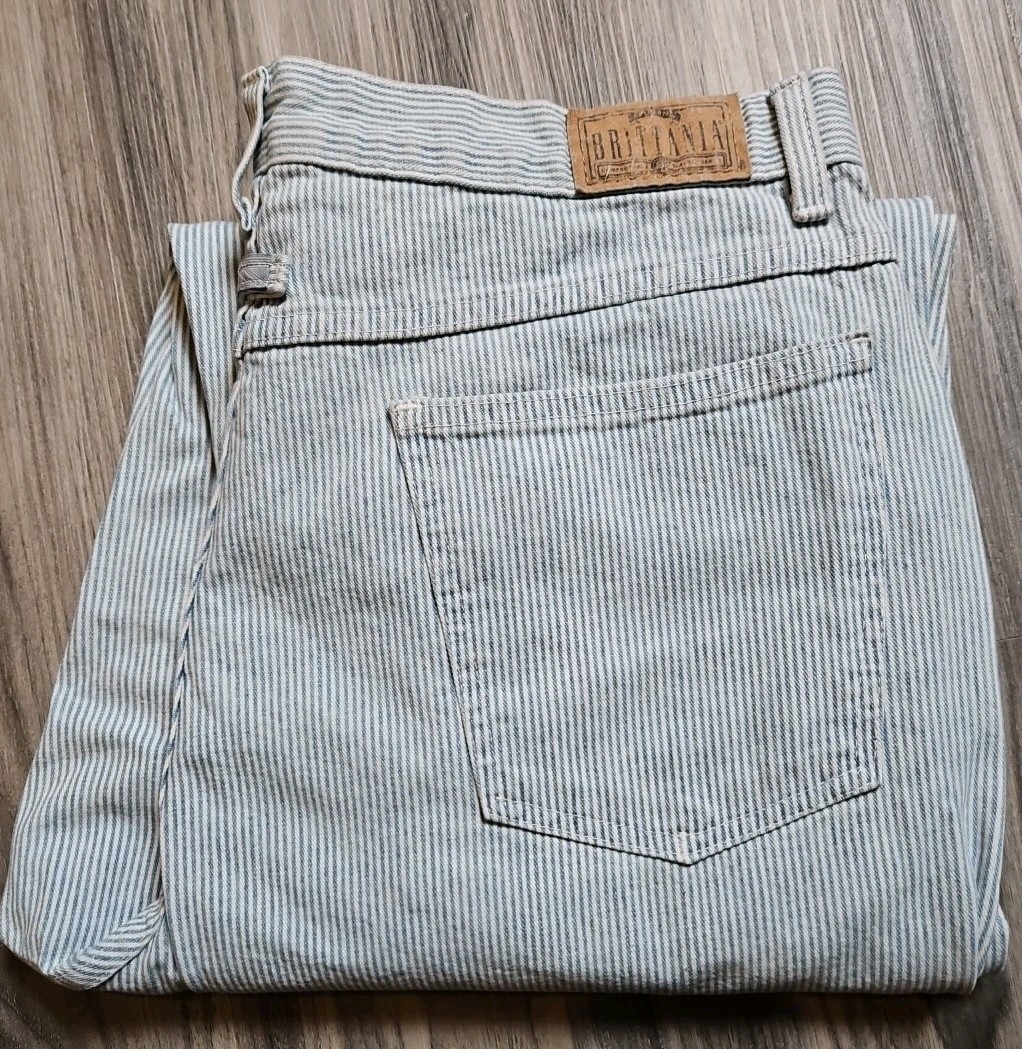 80s 90s~ Britannia Railroad Pinstripe Women’s Petite High Waist Mom Jeans 32×29