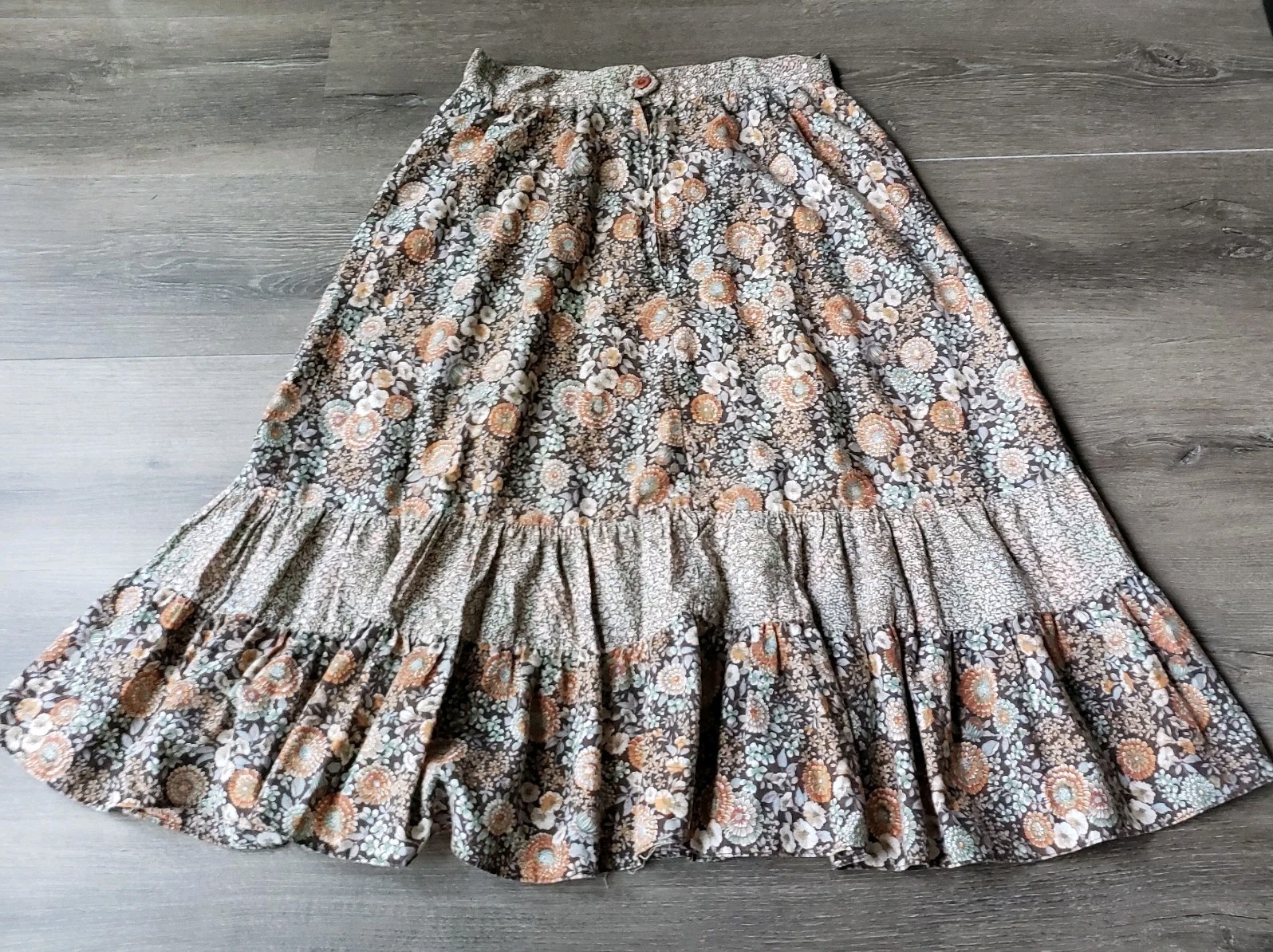 VTG 70s Brown Floral Hippie Skirt Sz S/M? Earth Tones Festival Prairie 26″W