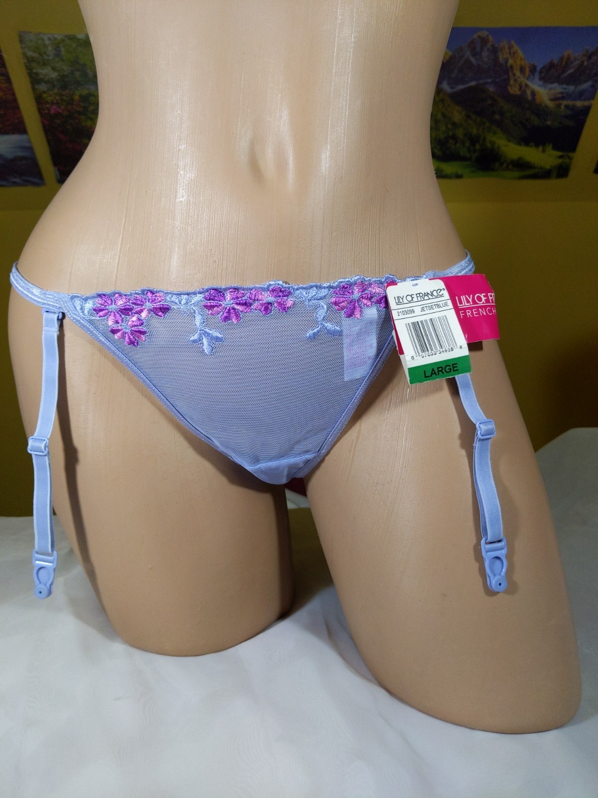 Lily Of France Blue Lingerie G-String Panty w/ Removable Garter Straps L