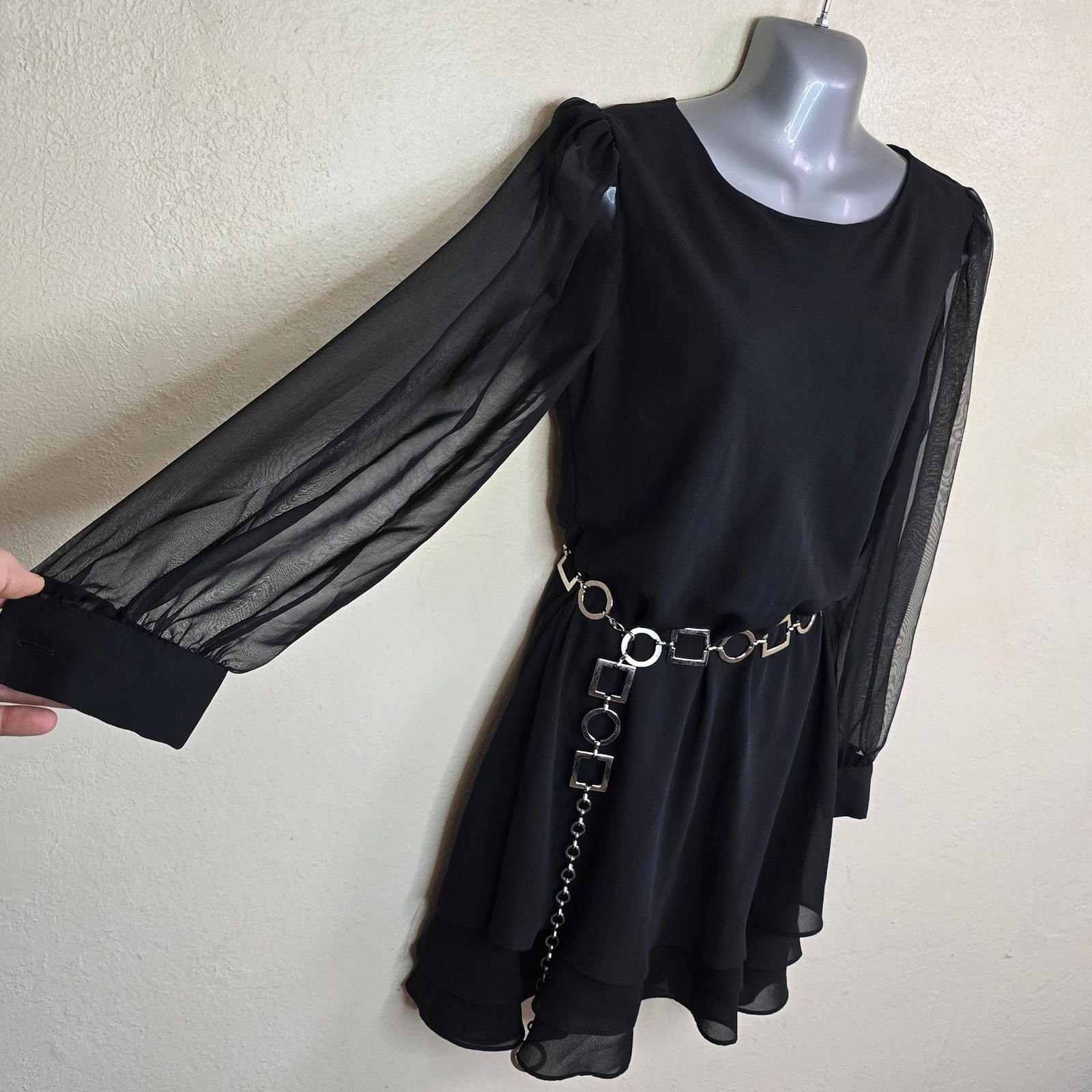 Vintage 90s Hampton Nites Black Dress with Sheer Sleeves and Metal Belt Size 6