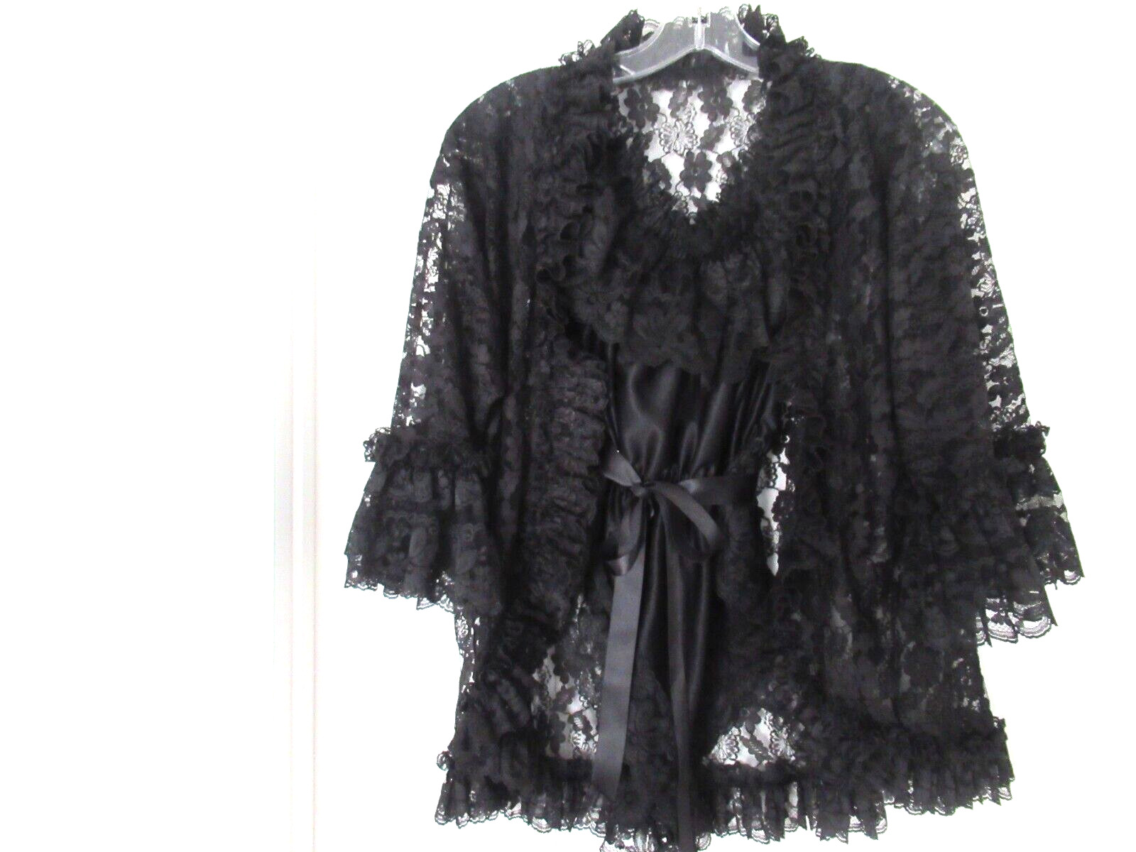 DELORES Poirette ILGWU Black Silky Lace Teddy Romper Bodysuit Cover-up Small NEW