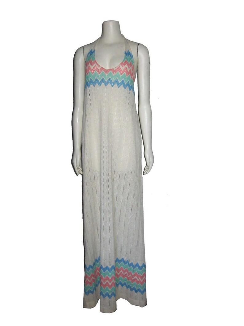 VTG Fabric POYZA Design Bone Multicolor Zig Zag Striped Halter Long Maxi Dress