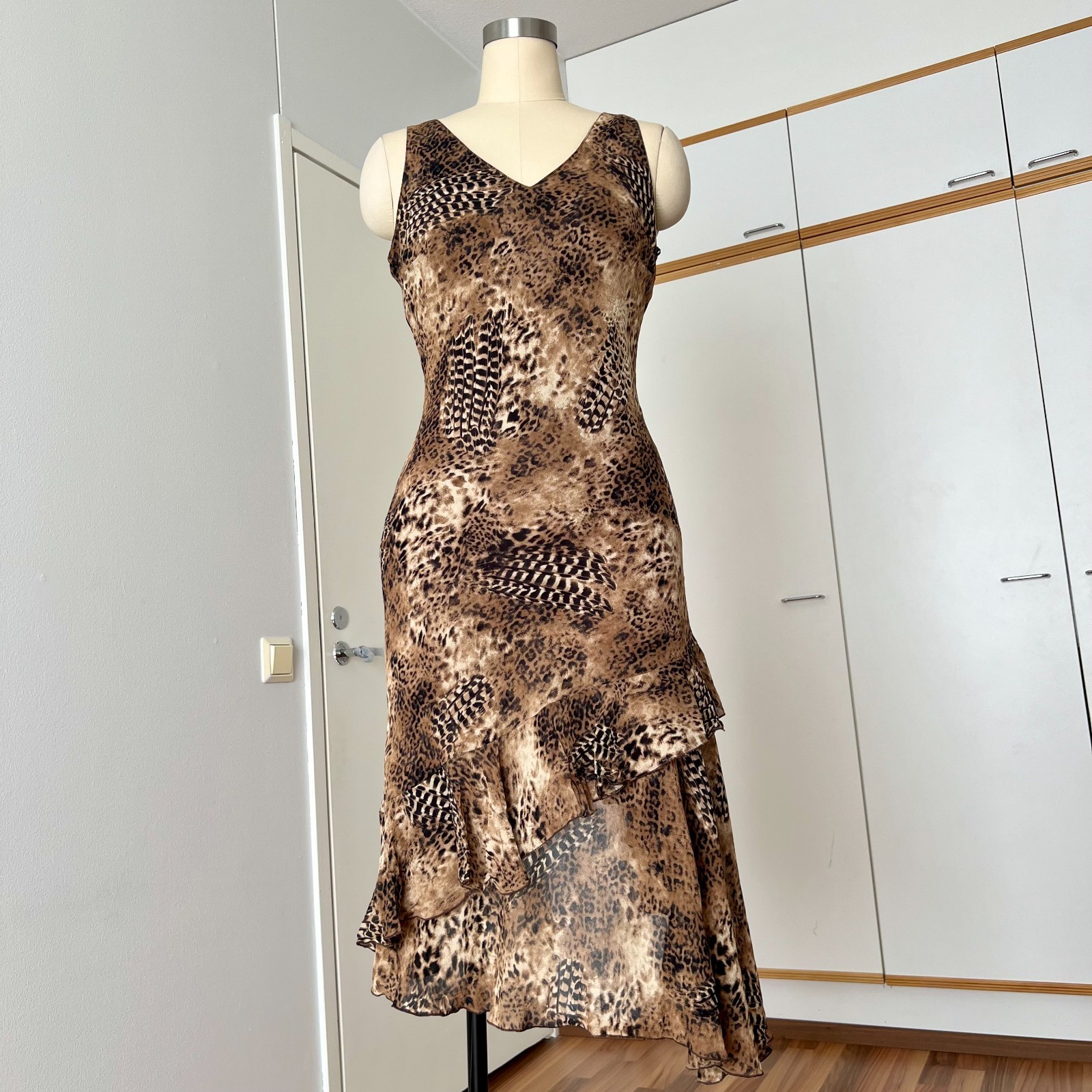 90s Leopard Print Midi Slip Dress Asymmetrical Hem Fairycore Bias Cut Slinky 44