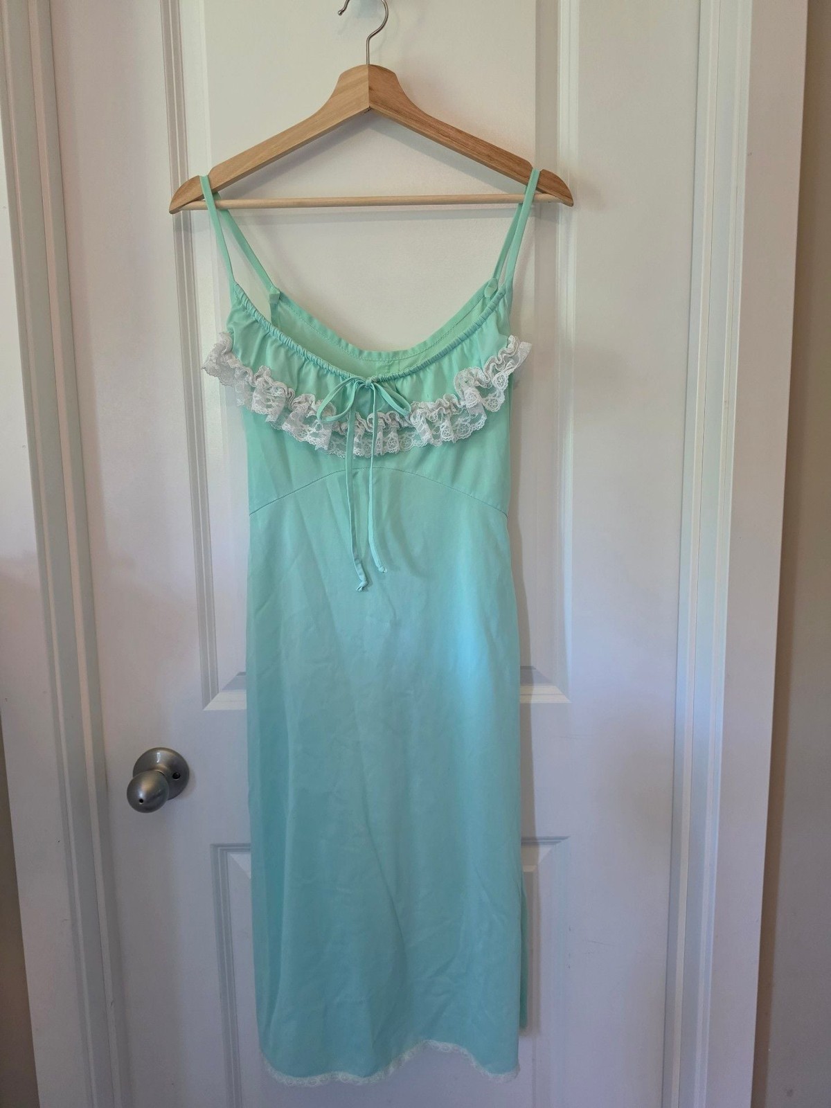 Vintage Mint Green Lace Trim Slip Dress Cottagecore Coquette Nightgown S