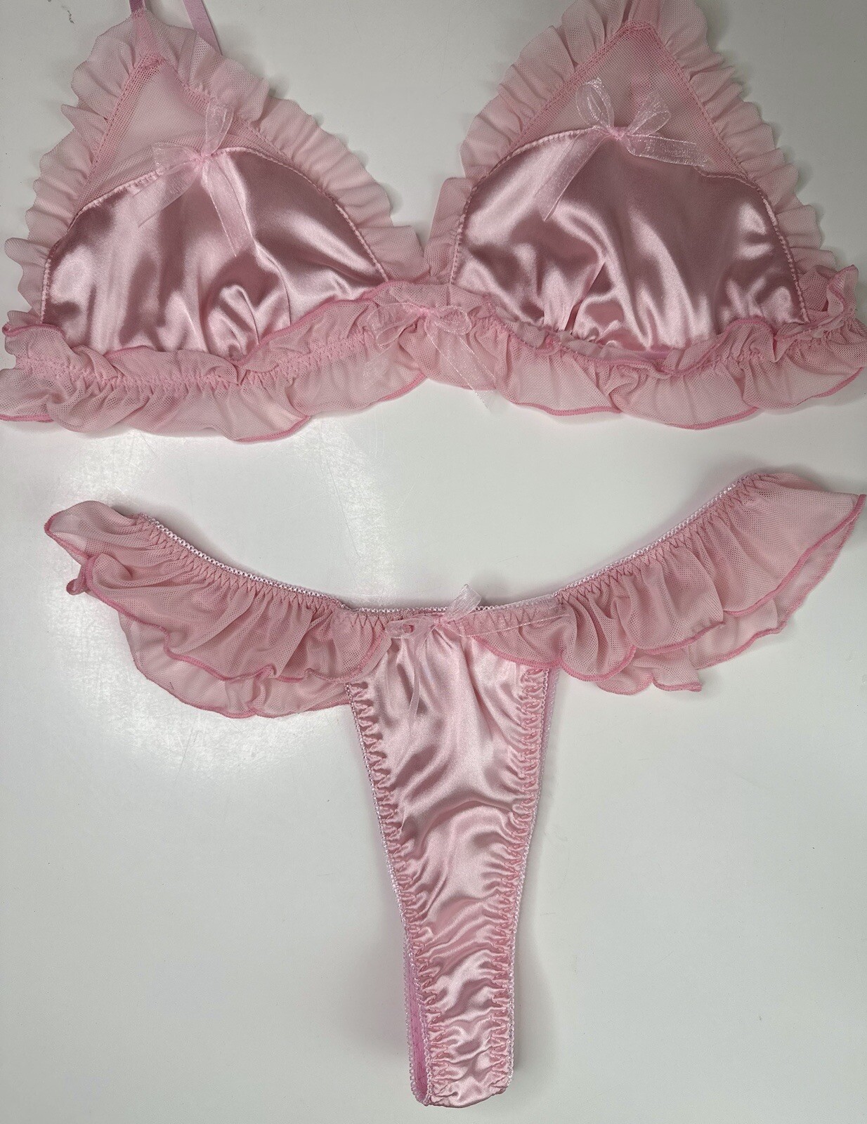 Large 7 L Shiny Satin Bralette Thong Panty Chiffon Ruffles Coquette Vtg Bra Set