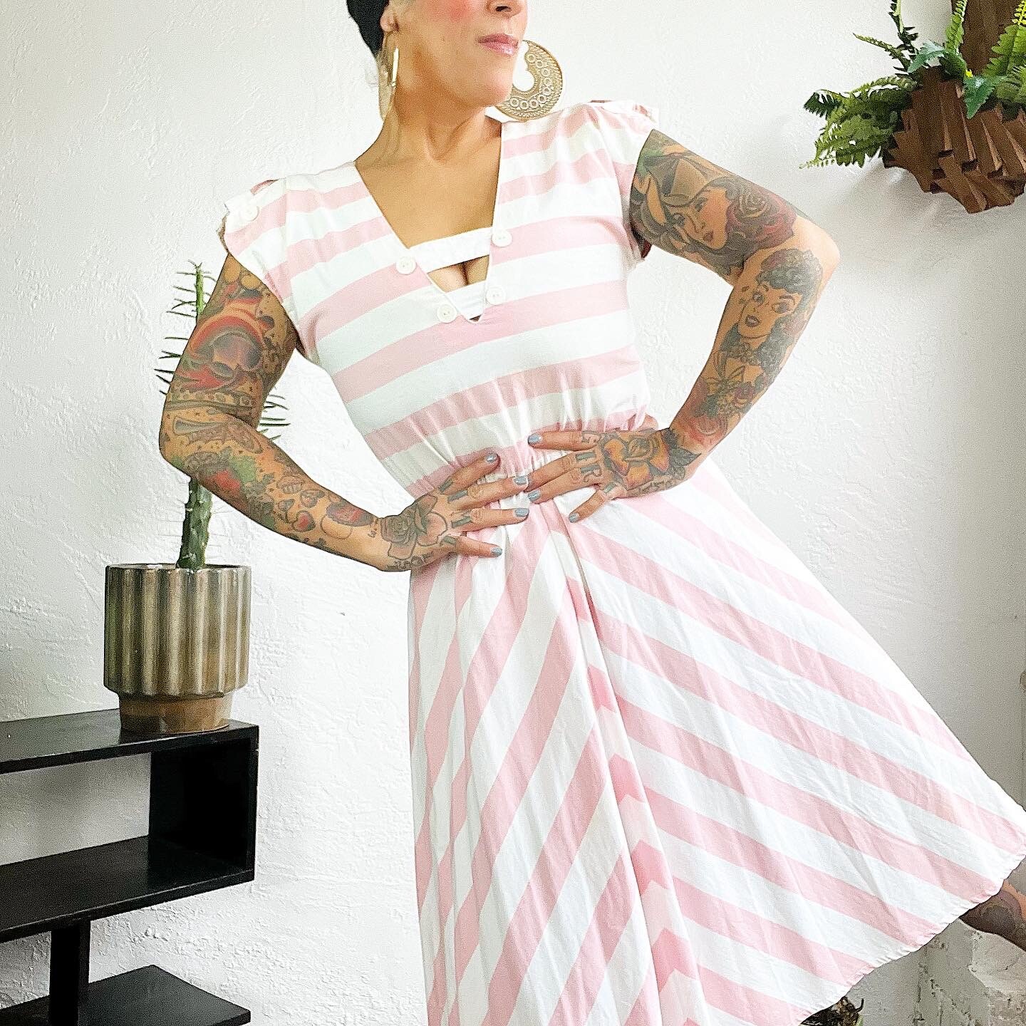 PINK & WHITE 1980’s 80s Vintage Chevron Cotton Striped Sailor Dress Sundress S M
