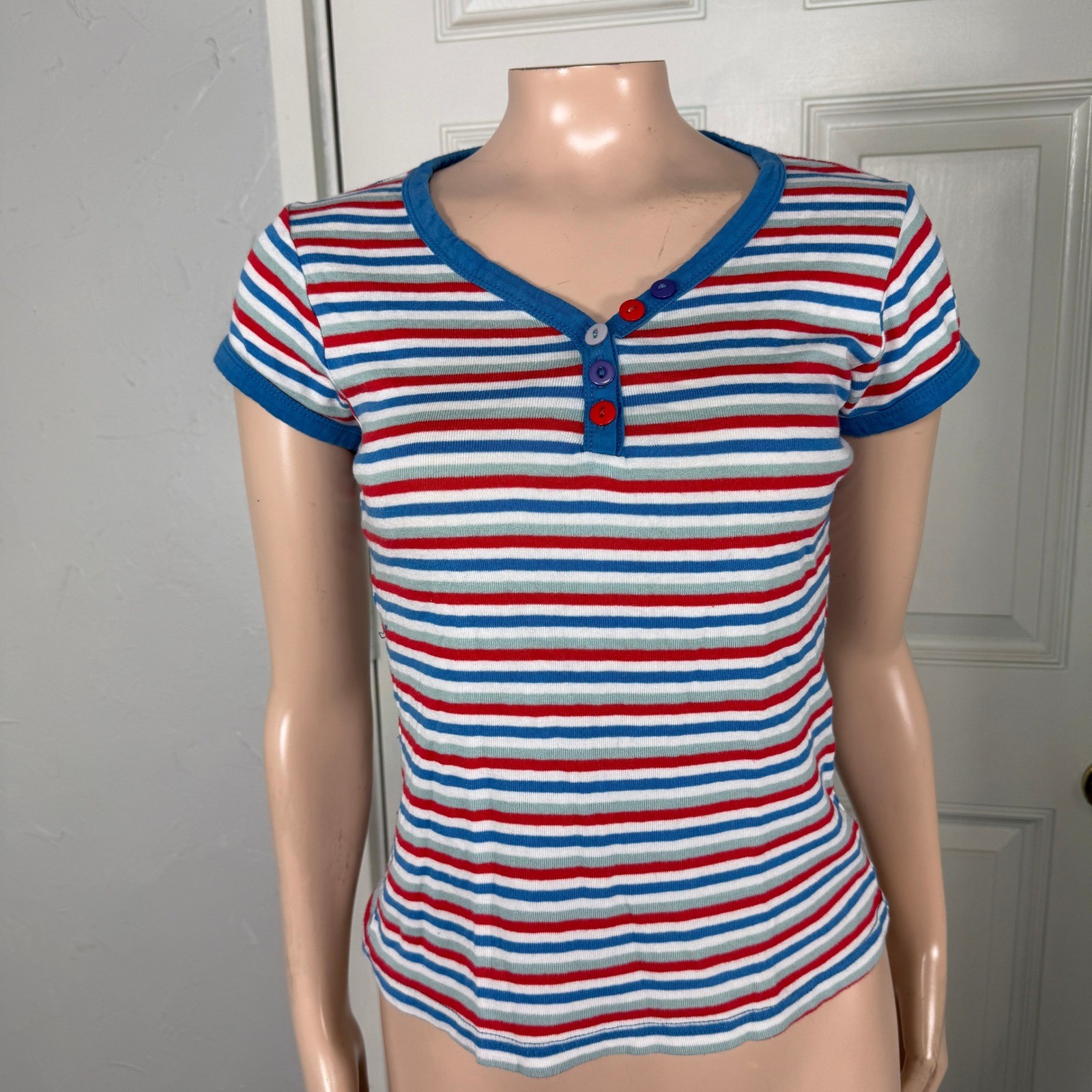 Vintage y2K Stop Everywhere Henley T-Shirt Medium Baby Tee Cotton Striped JJ14