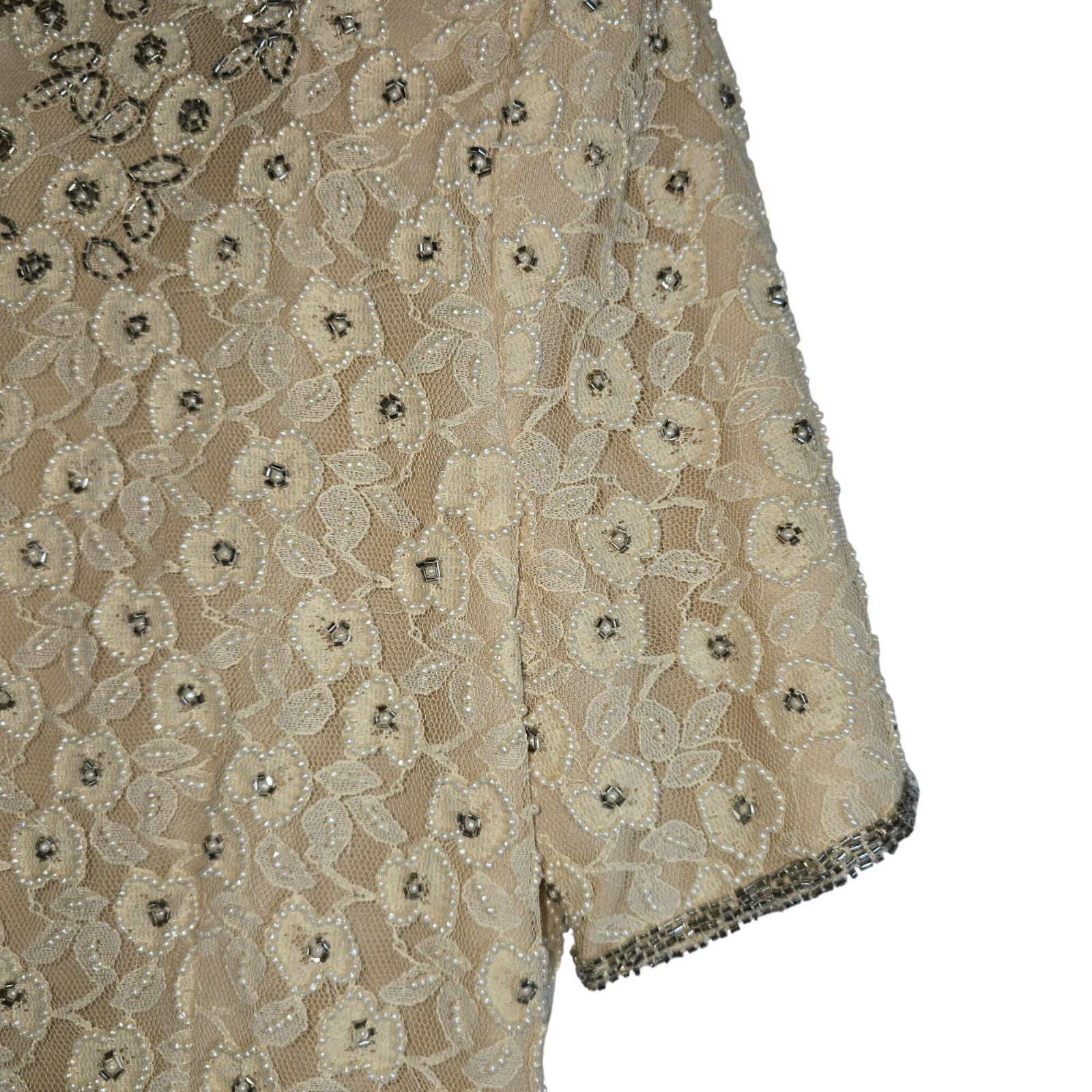 Vintage Stenay White Pearl Silver Bead Champagne Lace Mini Sheath Cocktail Dress