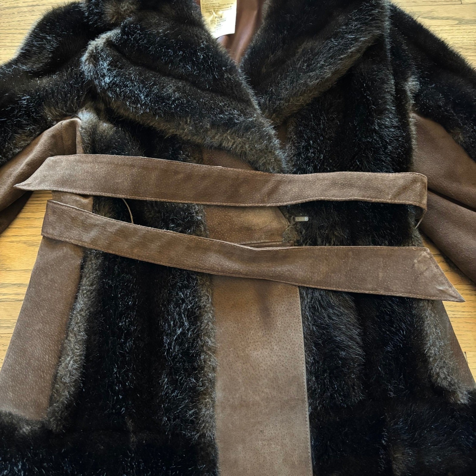 Vintage Rosewin Tissavel Brown Faux Fur Suede Belted Mid Coat Jacket Womens M L