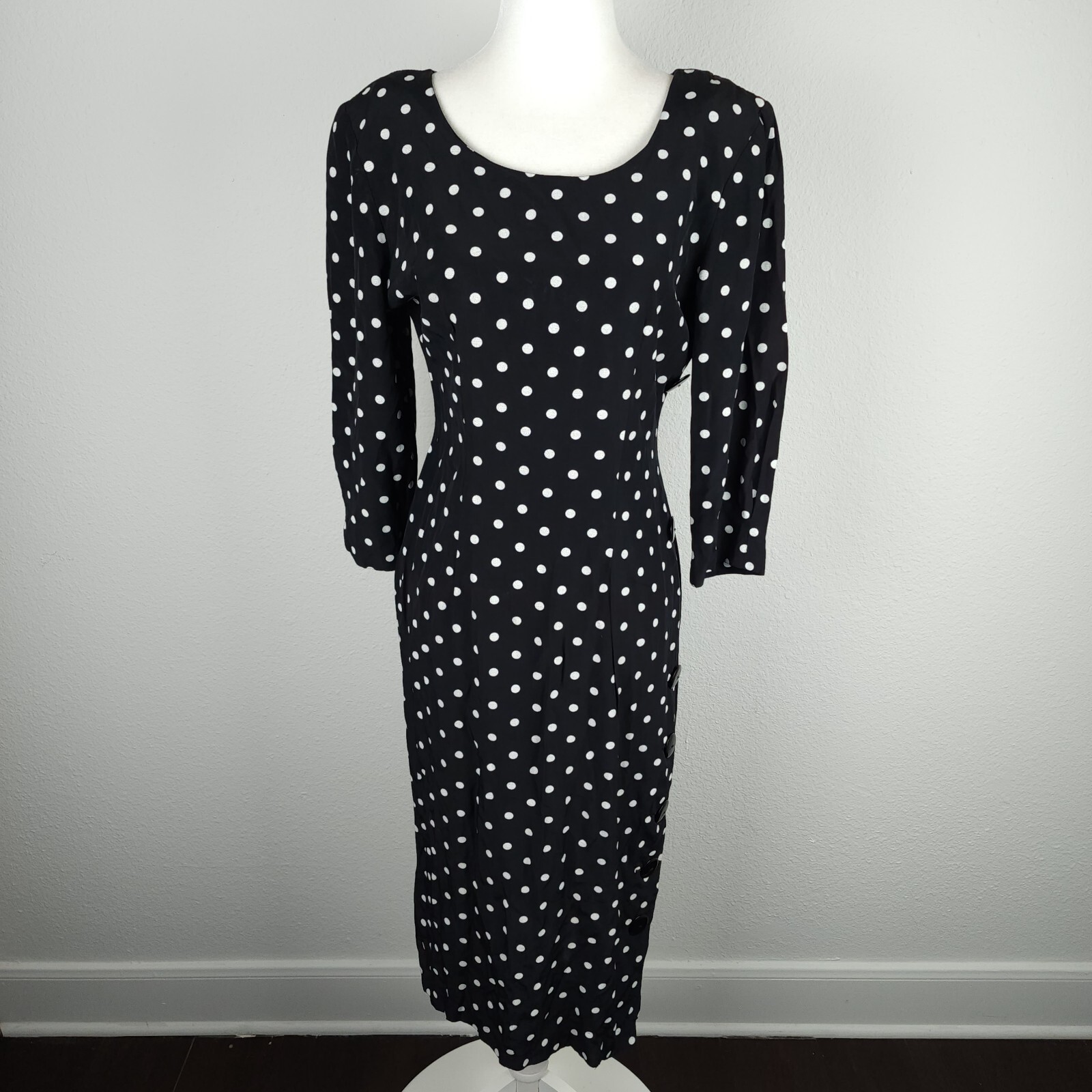 Vintage 80s 1940s DiamondsRun Black White Midi Pencil Dress Long Sleeve PolkaDot