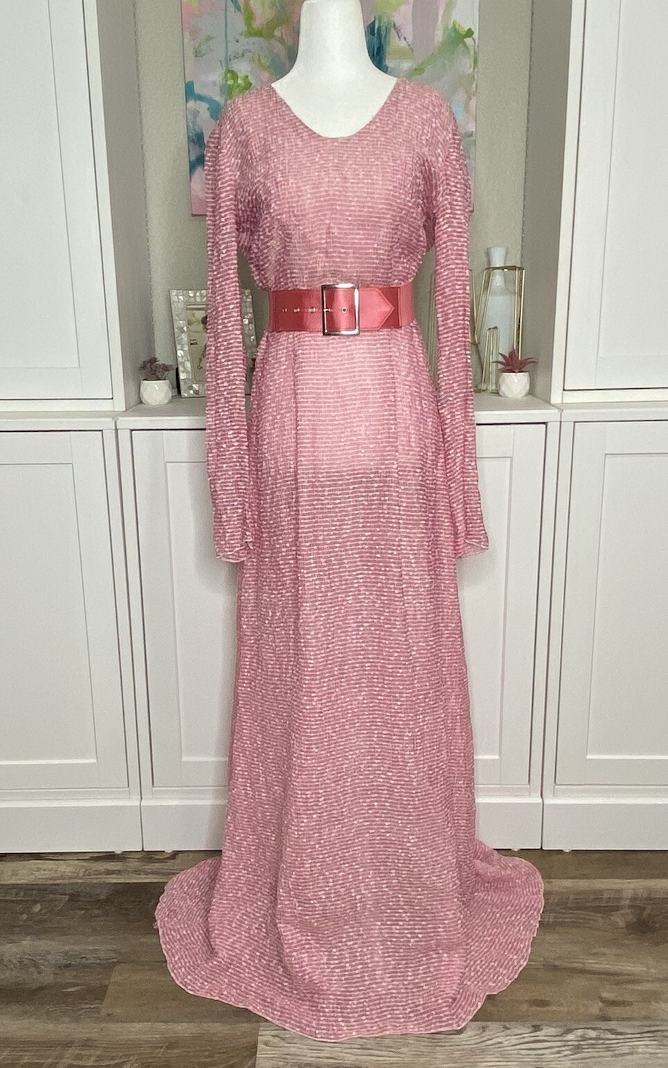 Bernard Burns Vintage Pink Plisse Belted Dress Bridesmaid Couture Large