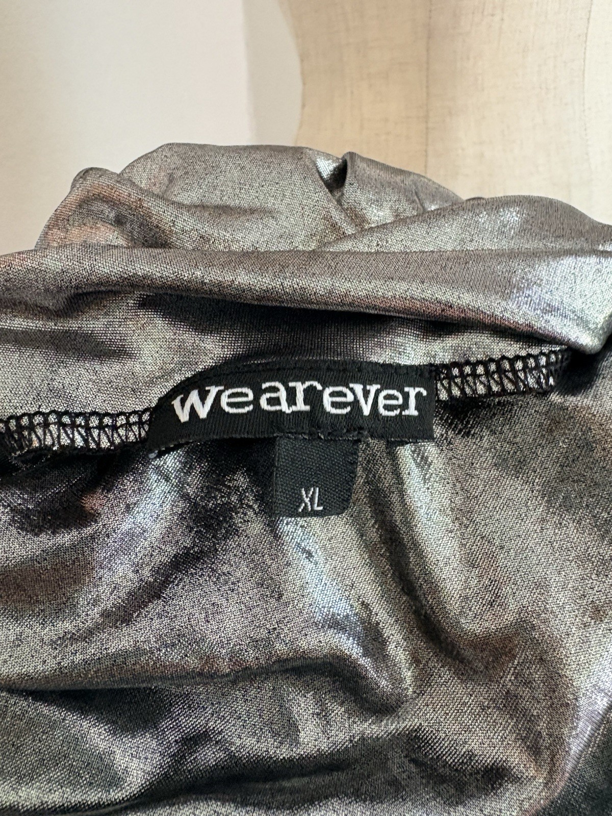 VTG WearEver Top One Shoulder Going Out Top Metallic Silver Lame Slinky Crop Y2K