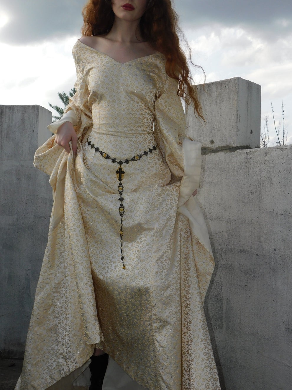 1930s Vintage Spanish Silk Gold Embroidered Medieval Brocade Gown
