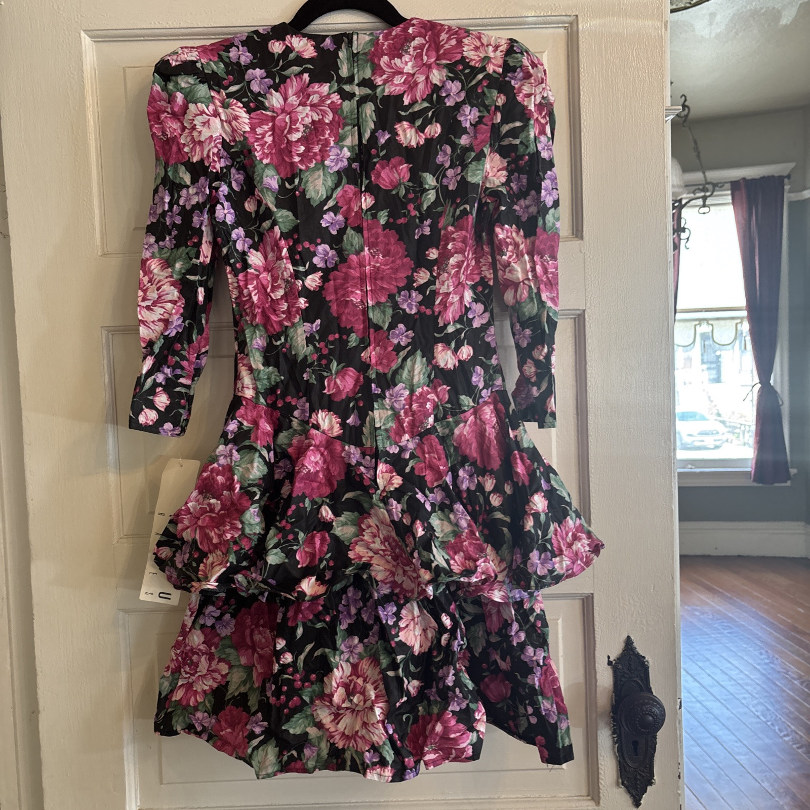 Vintage 80s Cottage Core Puff Sleeve Floral Punk Dress Peplum 3 XS Mini New Wave