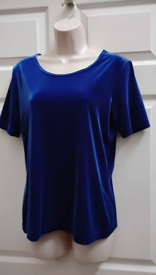 GANTOS Women’s Medium Blue Velvet Top Short Sleeves Round Neck Vintage New