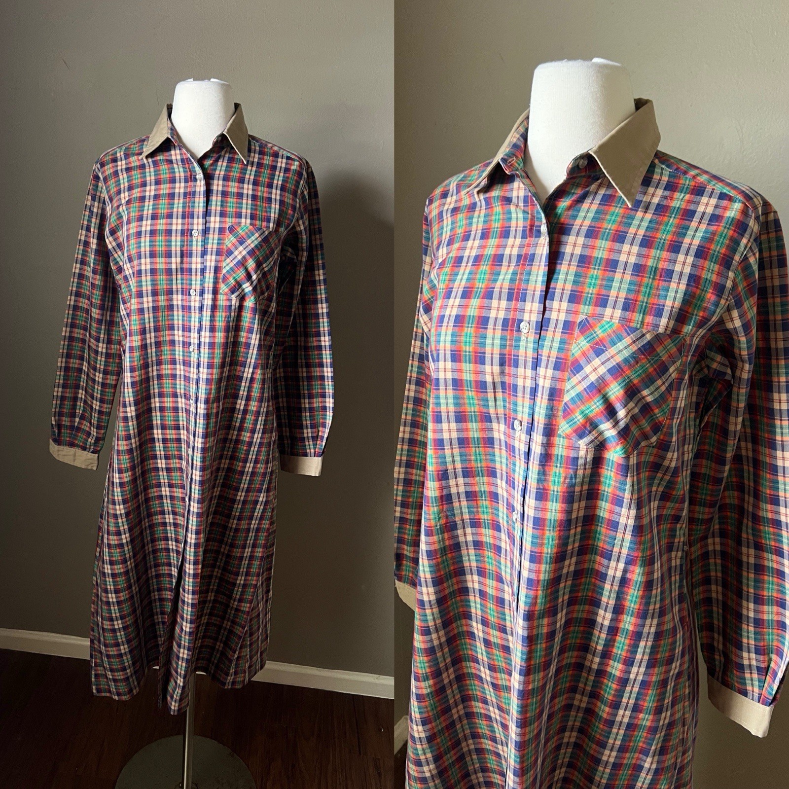 Vintage Crazy Horse Shirt Dress 9/10 Womens Plaid Western Button Collar 70s 60s