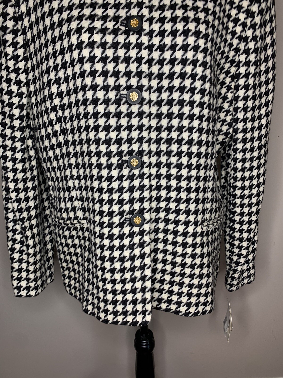 Vintage Jones New York Wool Dress Jacket Blazer Black White Houndstooth Women 16