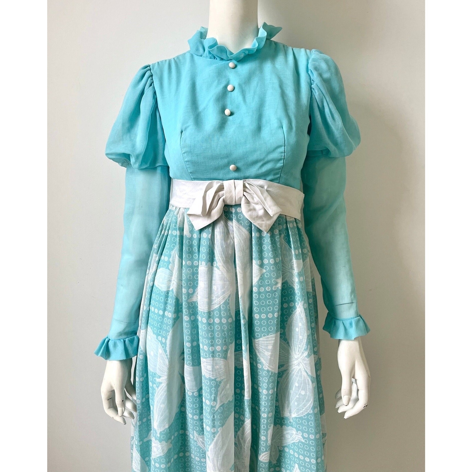 1970s Jumpsuit / 70s Blue Leg of Mutton Sleeve Wide Leg Jumpsuit / Extra Small