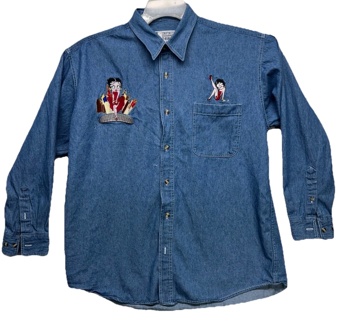 Vintage 90s Infinity Fashions Women Shirt Denim Betty Boop Embroidered Size L