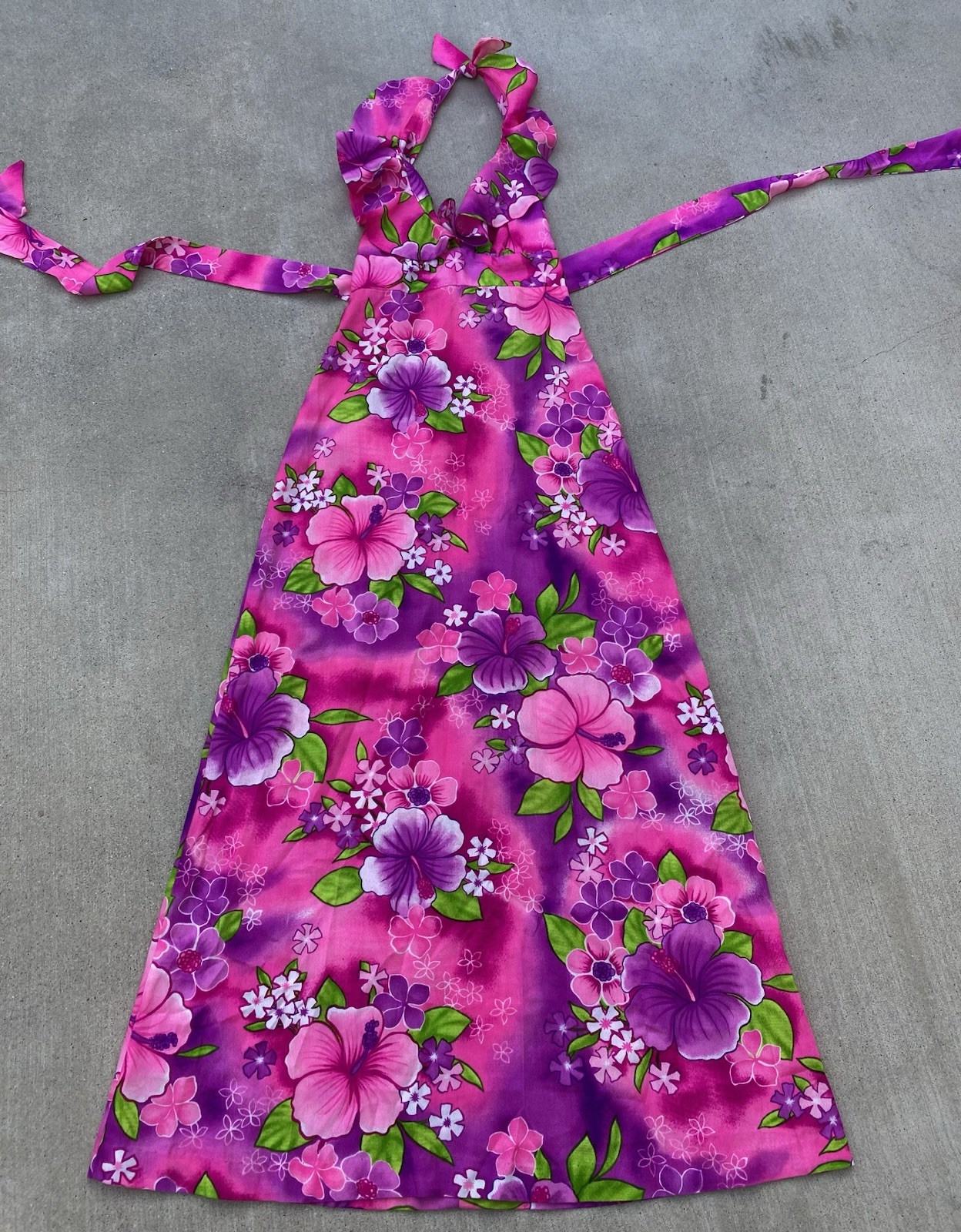 Vintage Pomare Hawaii Acrylic Hawaiian Halter Dress Ruffle Top Tiki Aloha Pink