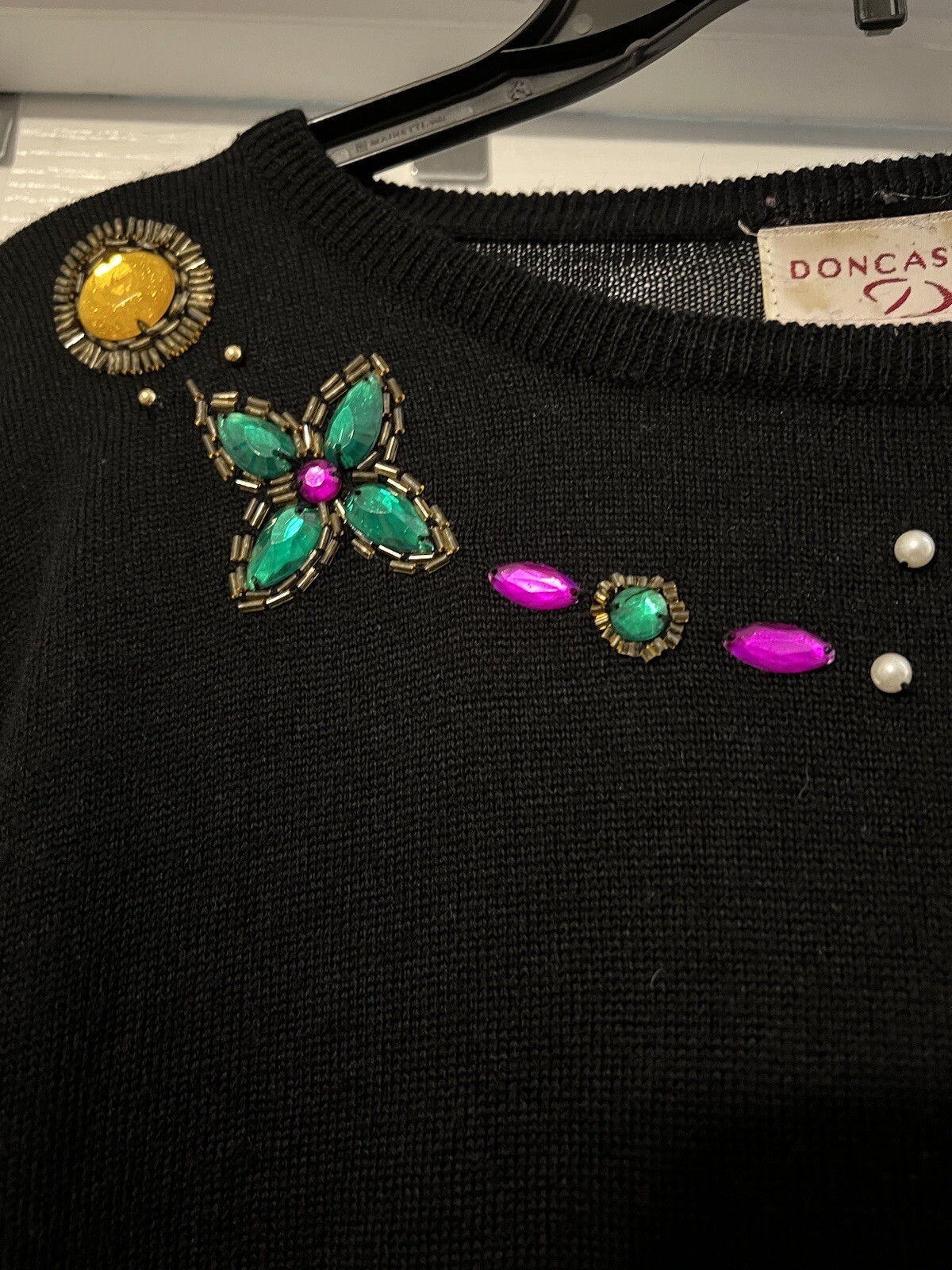 VTG Doncaster Sweater Women LG Black Bedazzled Neckline Wool Blend Castlecore