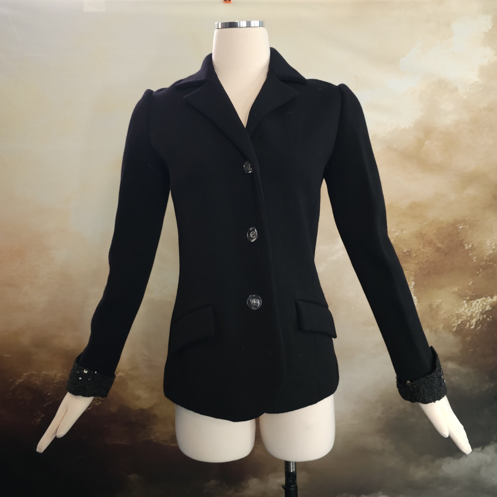 Vintage 1960’s Blazer Jacket Black Wool Italian Gino Paoli Beaded Cuffs Collar