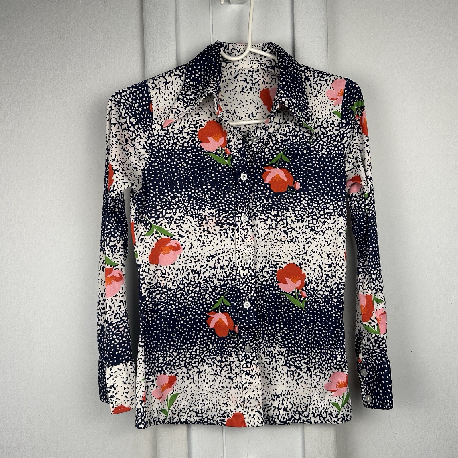 Vintage 70s Floral Polka Dot Dagger Collar Disco Shirt Fits Like Women’s XS/S