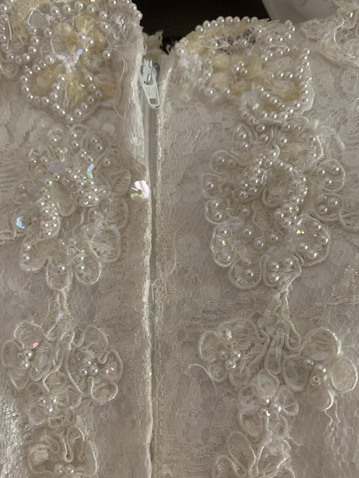 Vintage 80’s-90’s Sequin Beaded Ivory Formal Dress Gown Bow Sleeves Wedding Prom