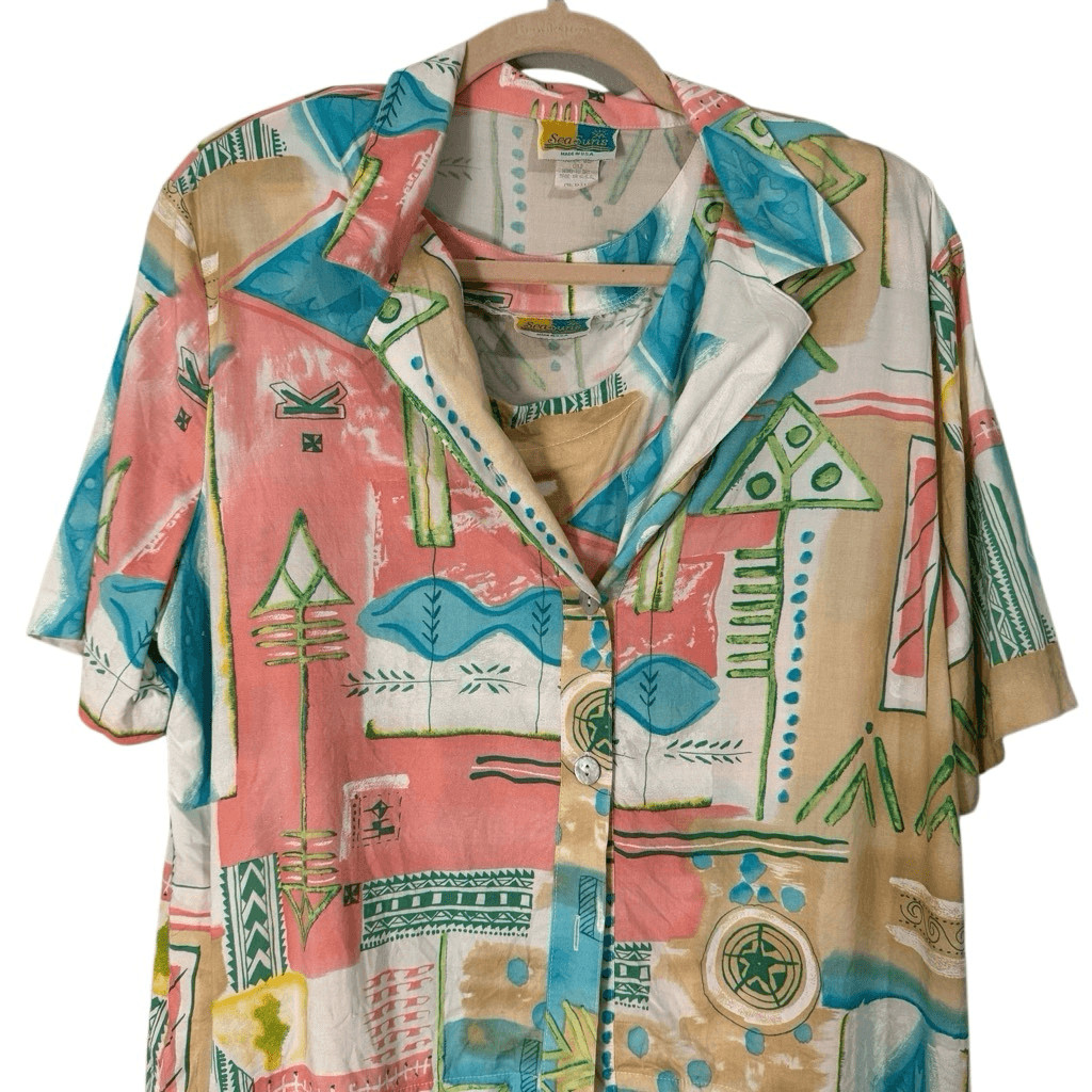 Vintage 90s Sea Suns Geometric Watercolor Midi Dress Button Down Set M