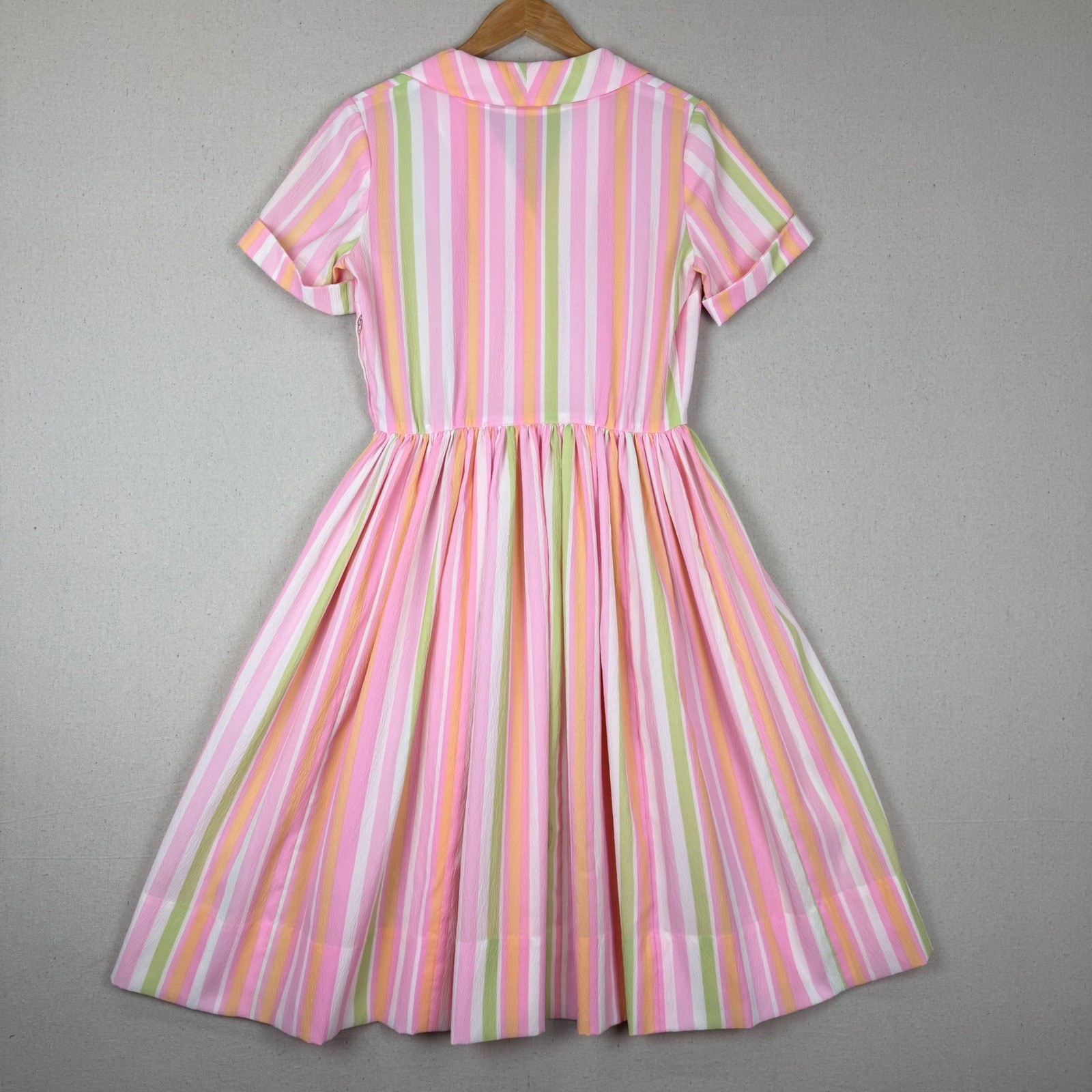 Vintage Pink Green Striped Fit & Flare Dress with Belt Short Sleeve Retro VTG