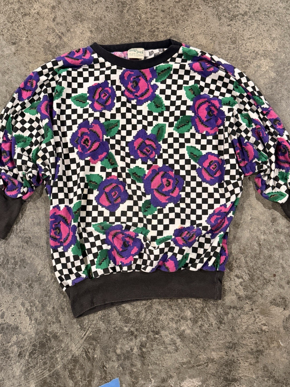 Vintage Sloppy Joes Vintage Geometric Floral Sweater Black Purple Green Pink